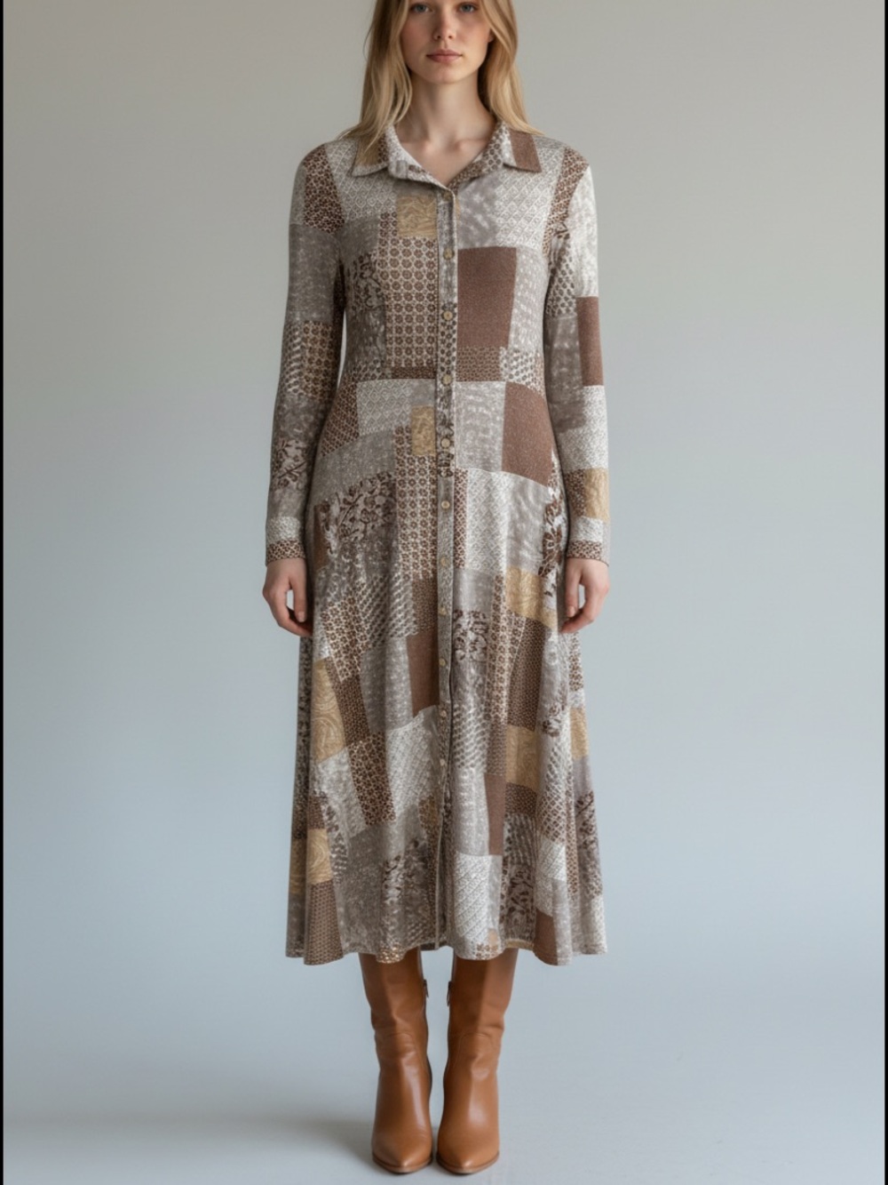 Story cotton Patchwork Print Button-Front Midi Dress in Brown Cream size small